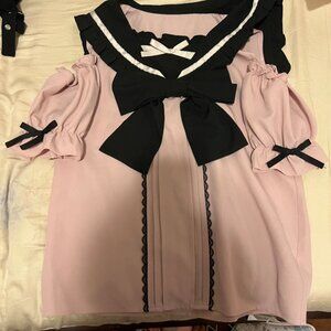 Dear My Love Pink and Black Cold Shoulder Sailor Puff Sleeve Top